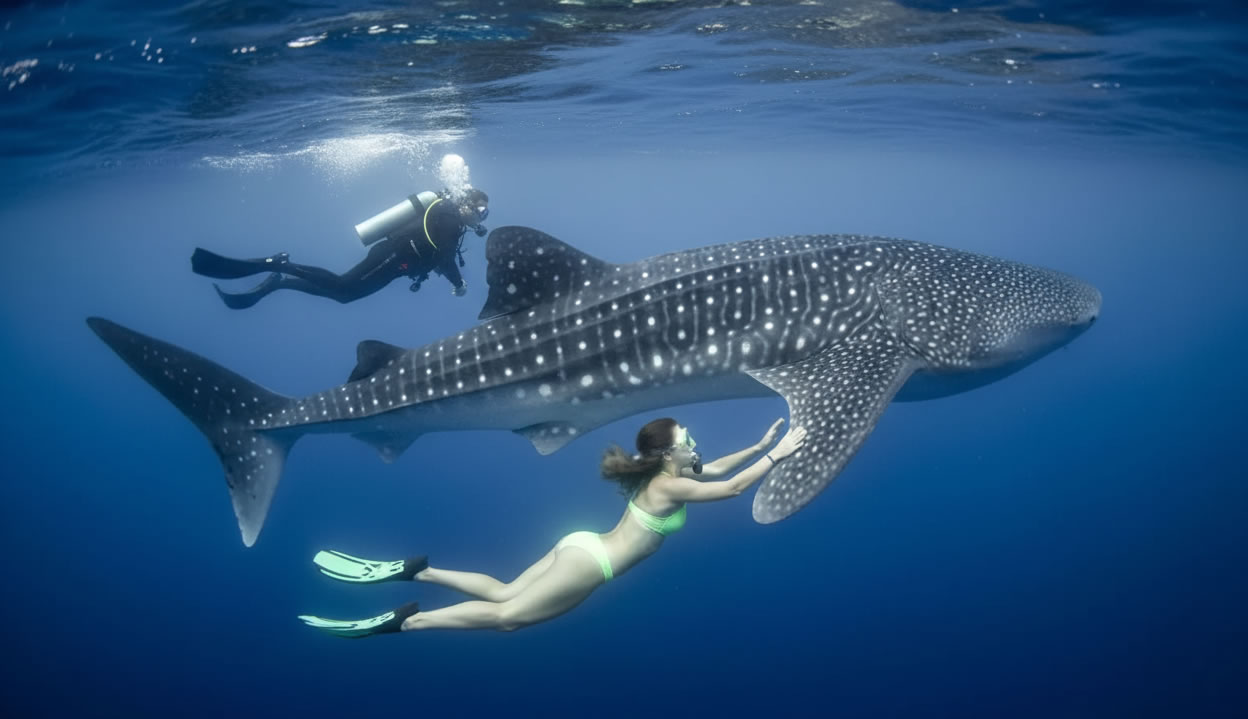 A snorkeler swimming beside a whale shark in crystal-clear waters near Isla Mujeres
