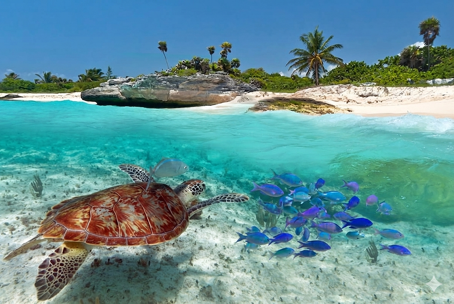 Sunny beaches lined with palm trees and ancient Mayan ruins under a clear blue sky in the Yucatan Peninsula.
