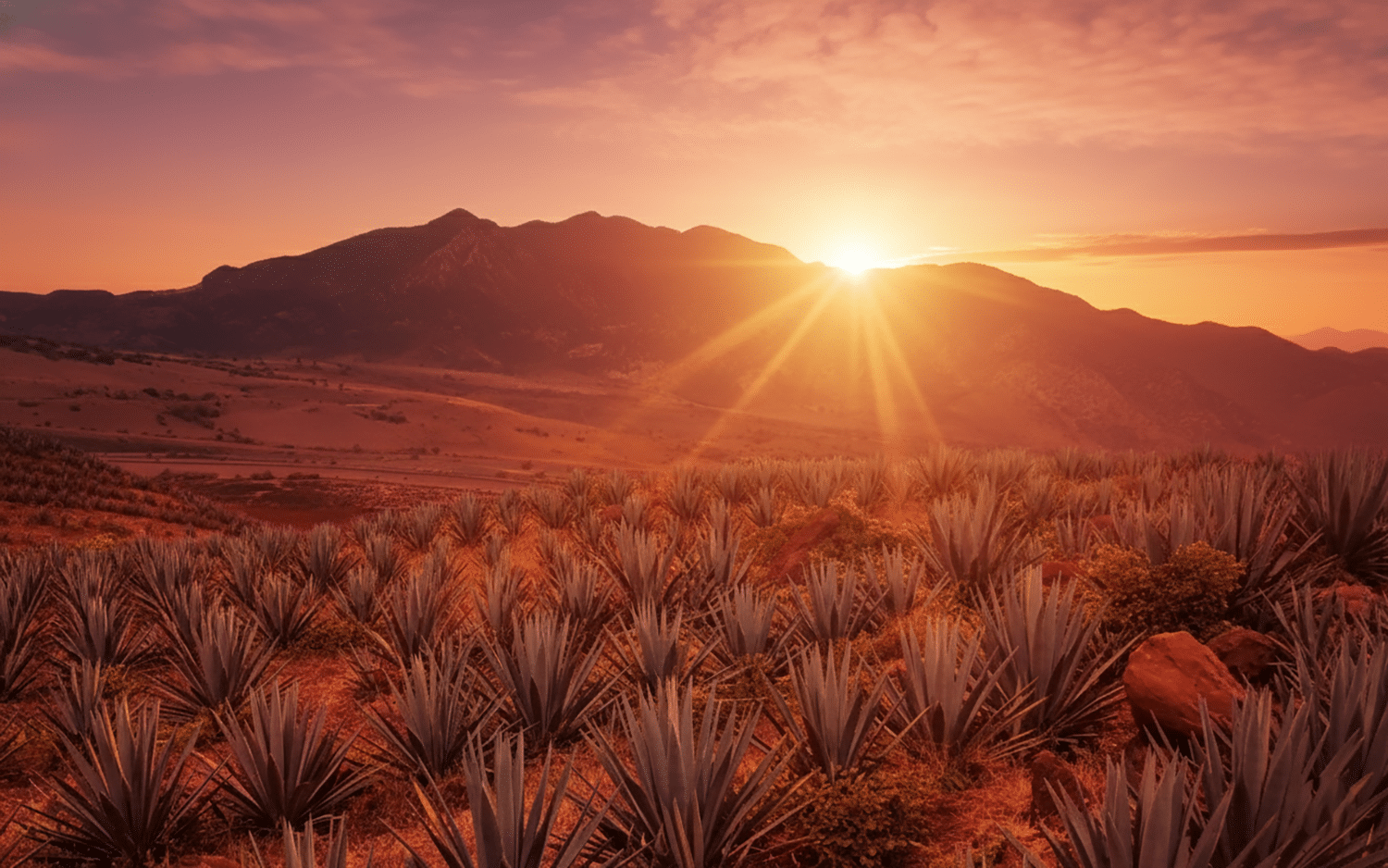 Rows of agave plants in a sunlit field outside Oaxaca, with mountains in the distance
