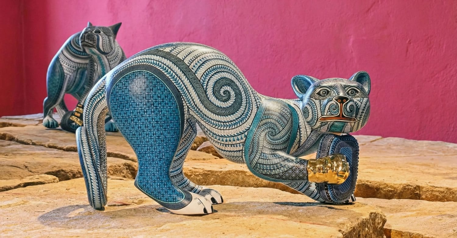 Colorful wooden alebrijes sculptures displayed in a workshop in San Martín Tilcajete, showcasing fantastical creatures with vibrant patterns